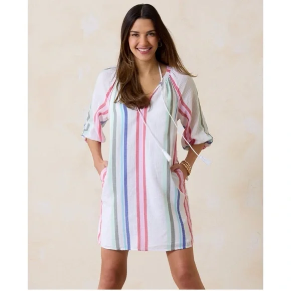 TOMMY BAHAMA Multi Stripe Dobby Tunic Swim Coverup Size Medium - Picture 3 of 13